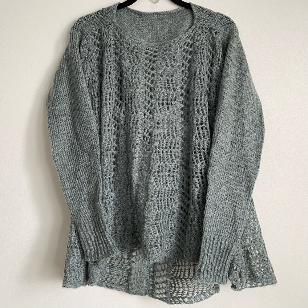 Simply Noelle Gray Blue Green Open Knit Crochet Sweater Tunic Boho S/M Loose Fit